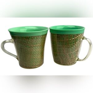 Vintage 60s Green Raffia Ware Mugs Cups Tumblers Thermal Insulated Burlap MCM